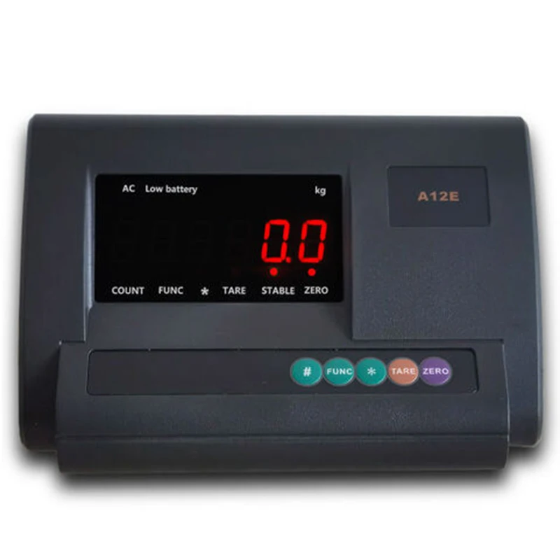 Front view of the A12E weighing indicator with red LED display and function buttons