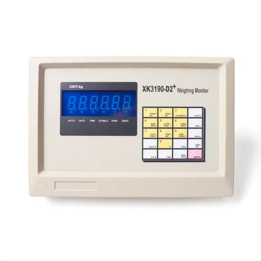 Front of the XK3190-D2+ weighing indicator showing the blue display and numeric keypad