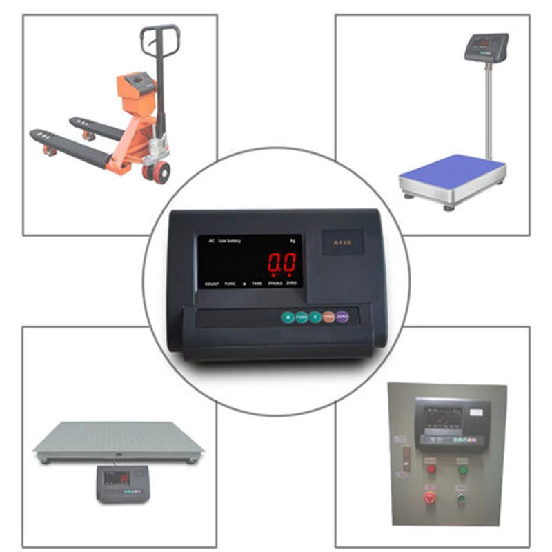 A12E weighing indicator illustrated with pallet, platform and floor scale applications