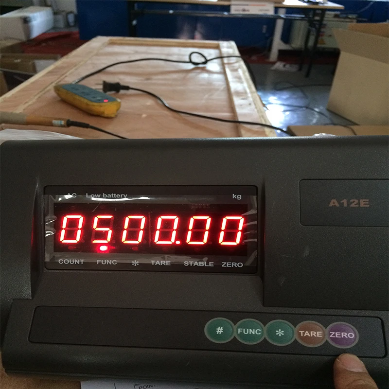 A12E weighing indicator showing a red LED weight reading during testing